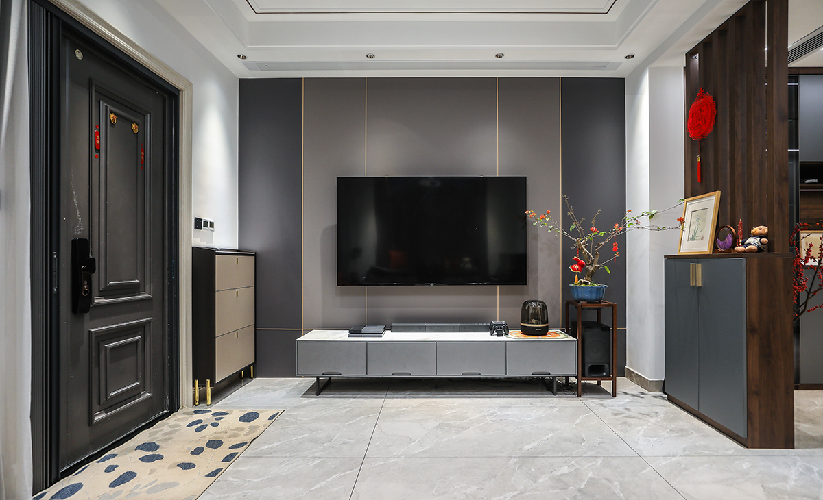 電視背景墻竹木纖維板背景墻，電視機上墻，簡單大氣，空間感十足。