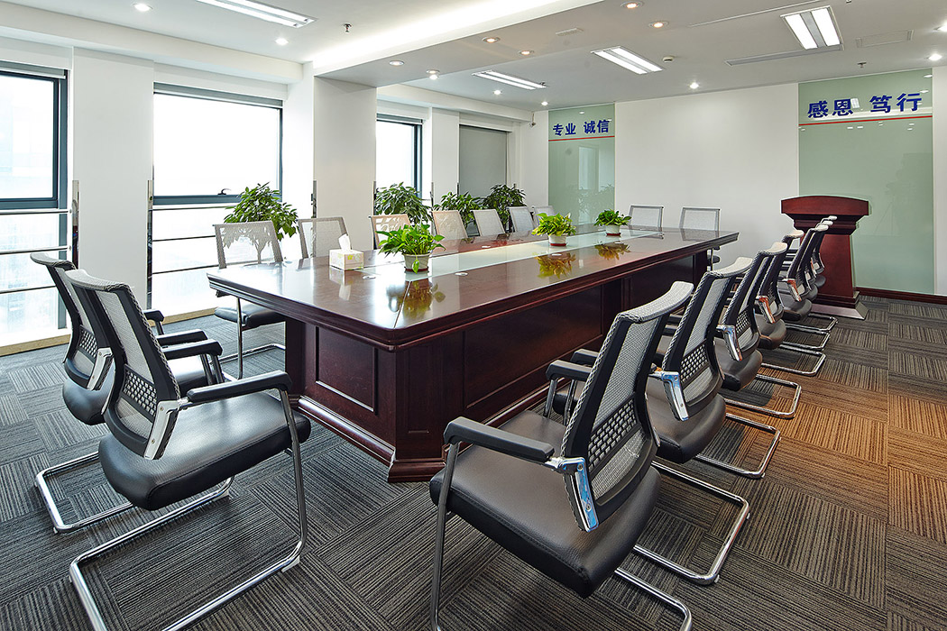 以銀、白、灰為基調(diào)，方正硬朗、有棱有角的吊頂及幕墻突顯著化工企業(yè)的陽(yáng)剛主題；整間會(huì)議室以綠色植物為點(diǎn)綴，給這份陽(yáng)剛帶來(lái)一些溫厚，增添了幾許別致的情趣。
