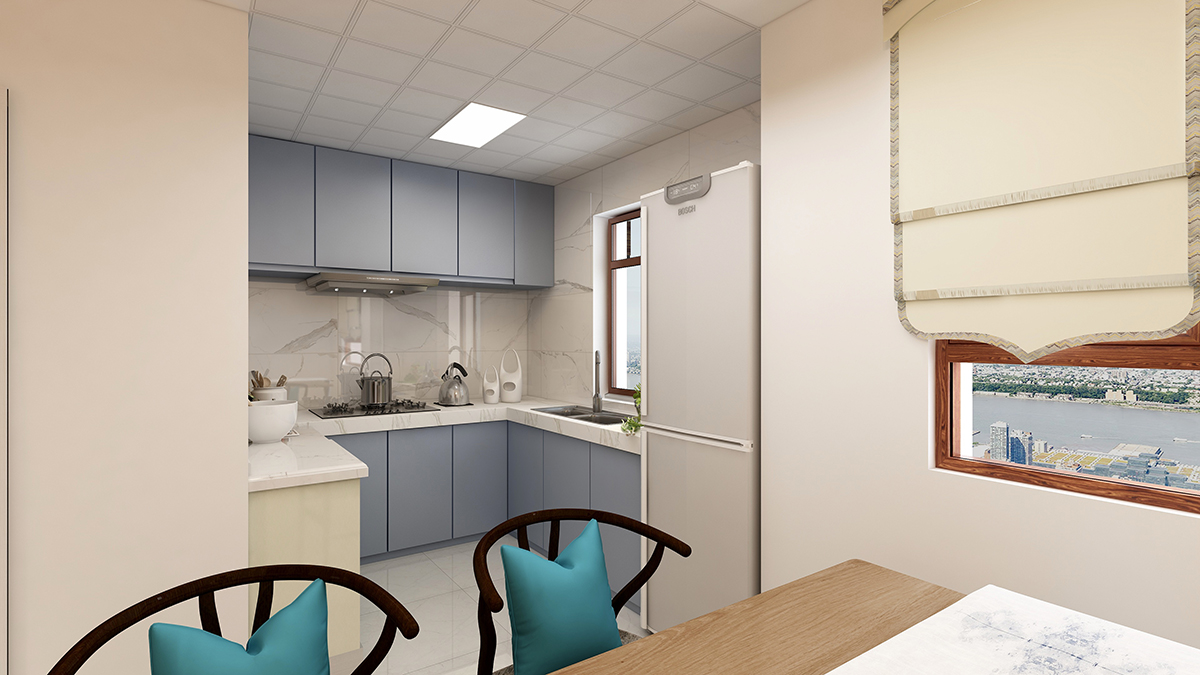 廚房做成了開放式的廚房，使整個空間從客廳、餐廳到廚房看起來更加寬敞，光線、通風也更加好些。墻面采用水墨式墻磚、藍色的晶鋼板櫥柜門板與整個風格相呼應。
