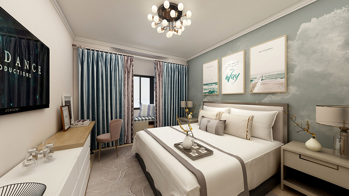 主臥因為女主人想稍微現代點，所以在整個色調與風格統一下，用淡雅的壁紙做床頭背景，與簡易的軟裝輕中式家具陳設來營造空間。同時床對面電視下矮柜與梳妝臺一體式的定制既個性又無違和感。
