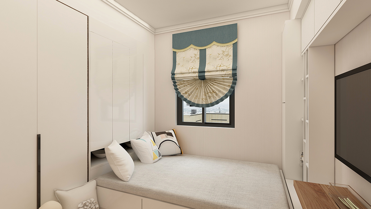 小房間因為長寬尺寸比較尷尬，所以采用榻榻米定制柜來使空間充分被利用，床頭的大衣柜兼具有衣帽間的功能，電視柜采用定制的與裝飾柜一體式設計，一些飾品和包包有了歸屬。
