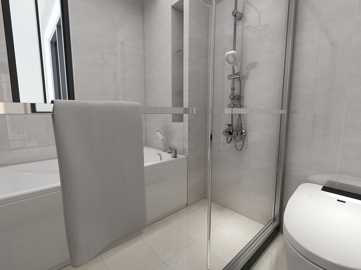 衛生間瓷磚選擇上也是灰色為主，大氣且時尚。
