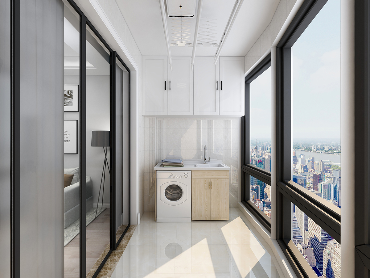 陽臺利用空間現場定制儲物柜，可以放置陽臺晾曬物品。